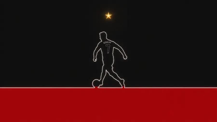 White Line Art Silhouette of Cristiano Ronaldo Dribbling a Football Above a Solid Red Floor 4K wallpaper for desktop and mobile - Pixbee