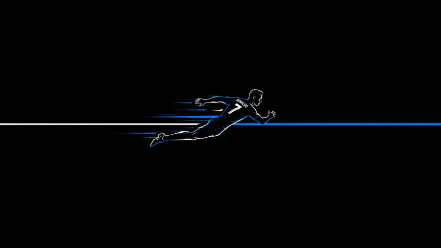 White Outline of Cristiano Ronaldo Diving Horizontally with Blue Speed Trails on Black Background 4K wallpaper for desktop and mobile - Pixbee