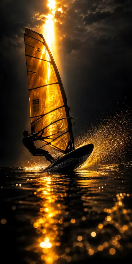 Windsurfer Riding Ocean Waves At Sunset — ue5 phone wallpaper