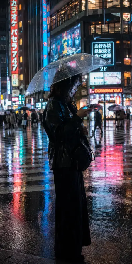 Woman Holding Umbrella In Rainy City Night — ue5 phone wallpaper