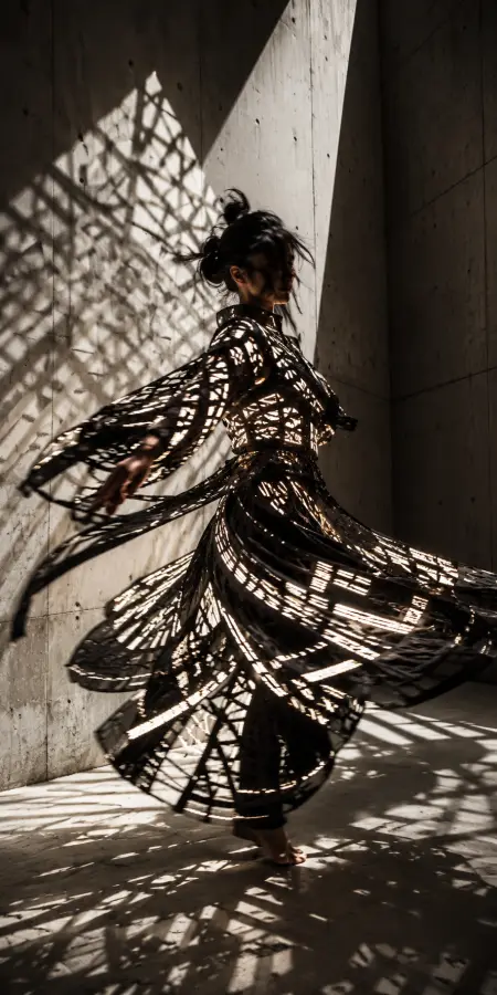 Woman In Patterned Dress Twirling In Light — ue5 phone wallpaper