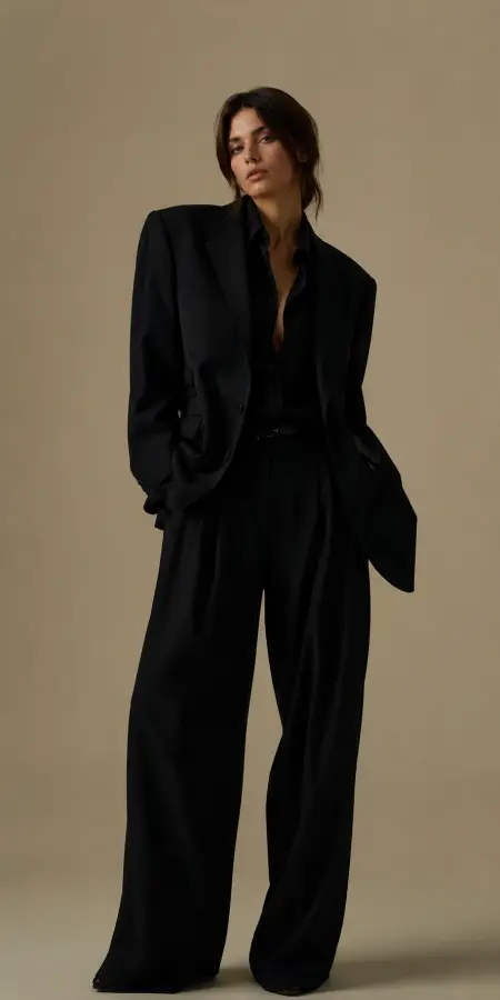Young Elegant Woman Wearing Oversized Black Suit 4K wallpaper for desktop and mobile - Pixbee