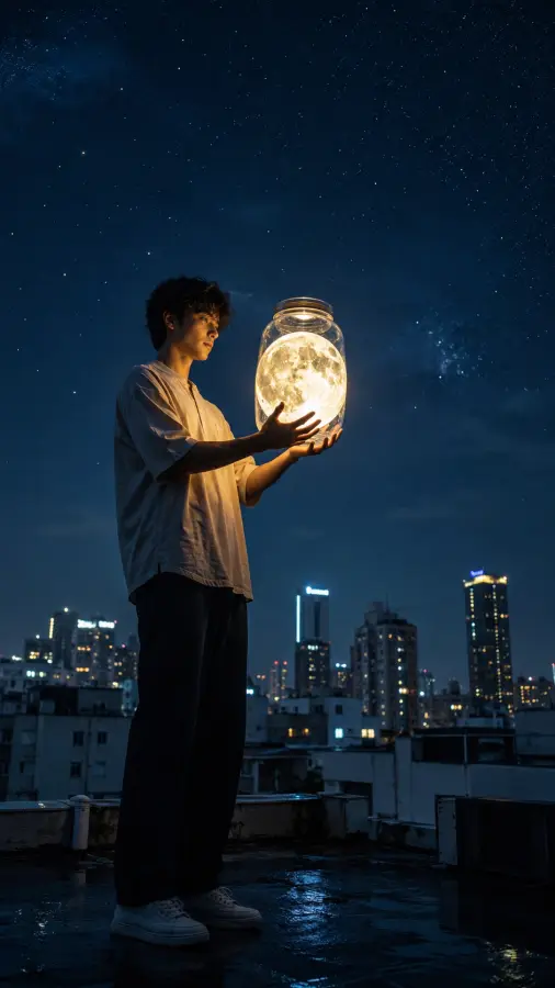 Young Man Holding Glowing Moon In Glass Jar 4K wallpaper for desktop and mobile - Pixbee