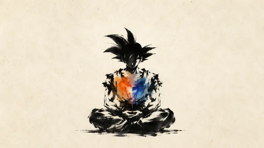 Zen Ink Wash Watercolor Silhouette of Goku Meditating in Lotus Position 4K wallpaper for desktop and mobile - Pixbee